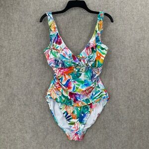 Ralph Lauren One-Piece Swimsuit Womens 12 Multicolor Tropical Ruffle Surplice